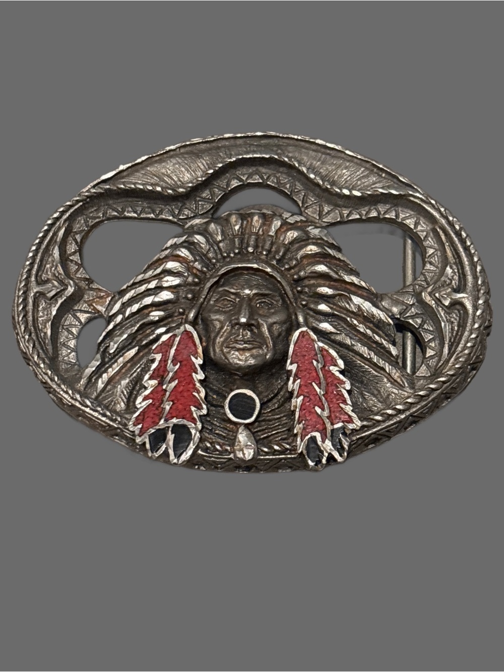 Vintage 90’s EJC (O) Native Chief Belt Buckle with Red Feather Accents - Picture 2 of 10